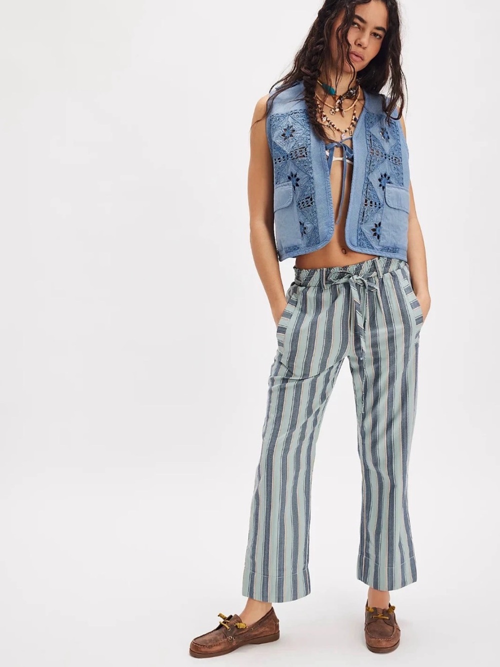 NWOT Free People Blue and White Striped Tie-Waist Wide-Leg Pants